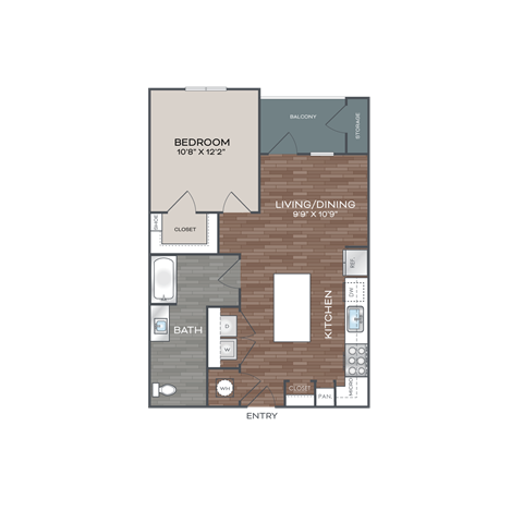 Floor plan for 1 bed, 1 bath, 684 sqft